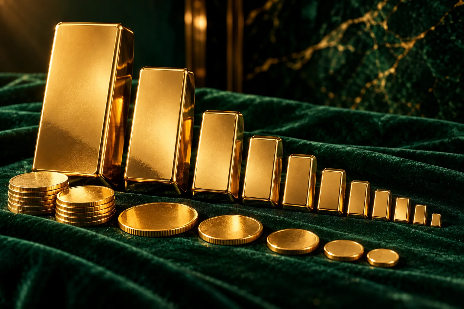 Gold bars in descending sizes on emerald velvet