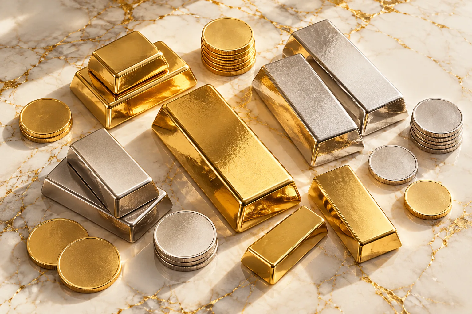 Gold, silver and platinum bars and coins on ivory marble