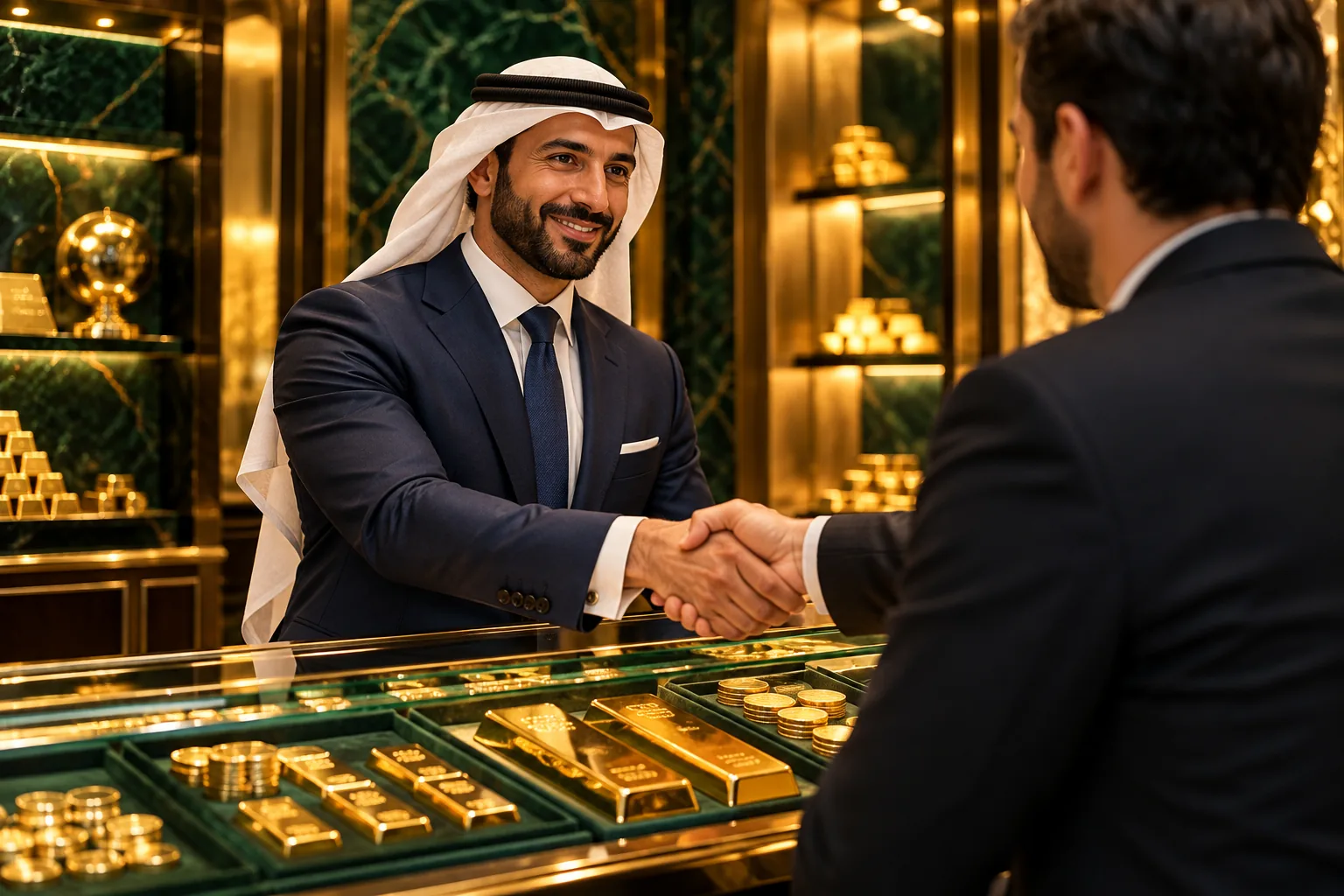 A client and a One Gold adviser shaking hands across a bullion counter